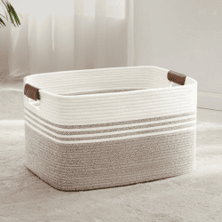 Wäschekorb Geflochten Groß aus Baumwollseil, 72L Aufbewahrungskorb mit Lederhenkeln, Korb für Decken, Kleidung, Spielzeug, Laundry Basket für Kinderzimmer Wohnzimmer, 55 x 43 x 30 cm, Weiß und Braun Braun 72L Angebot bei HelloDeals