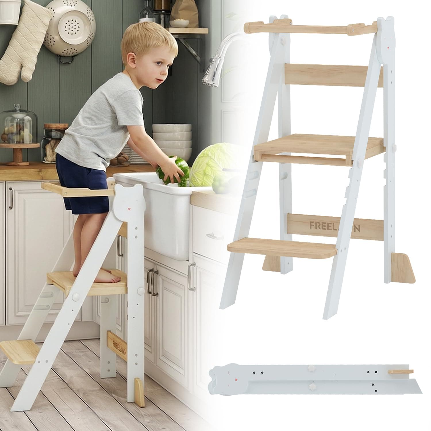 Lernturm Klappbar & 3-Fach Höhenverstellbar - Kippsicherer Learning Tower aus Kiefernholz - Mitwachsender Trittschemel für Kinder (1-5 Jahre) - Stabiler Küchenhelfer & Entdeckerturm (Weiß) Angebot bei HelloDeals