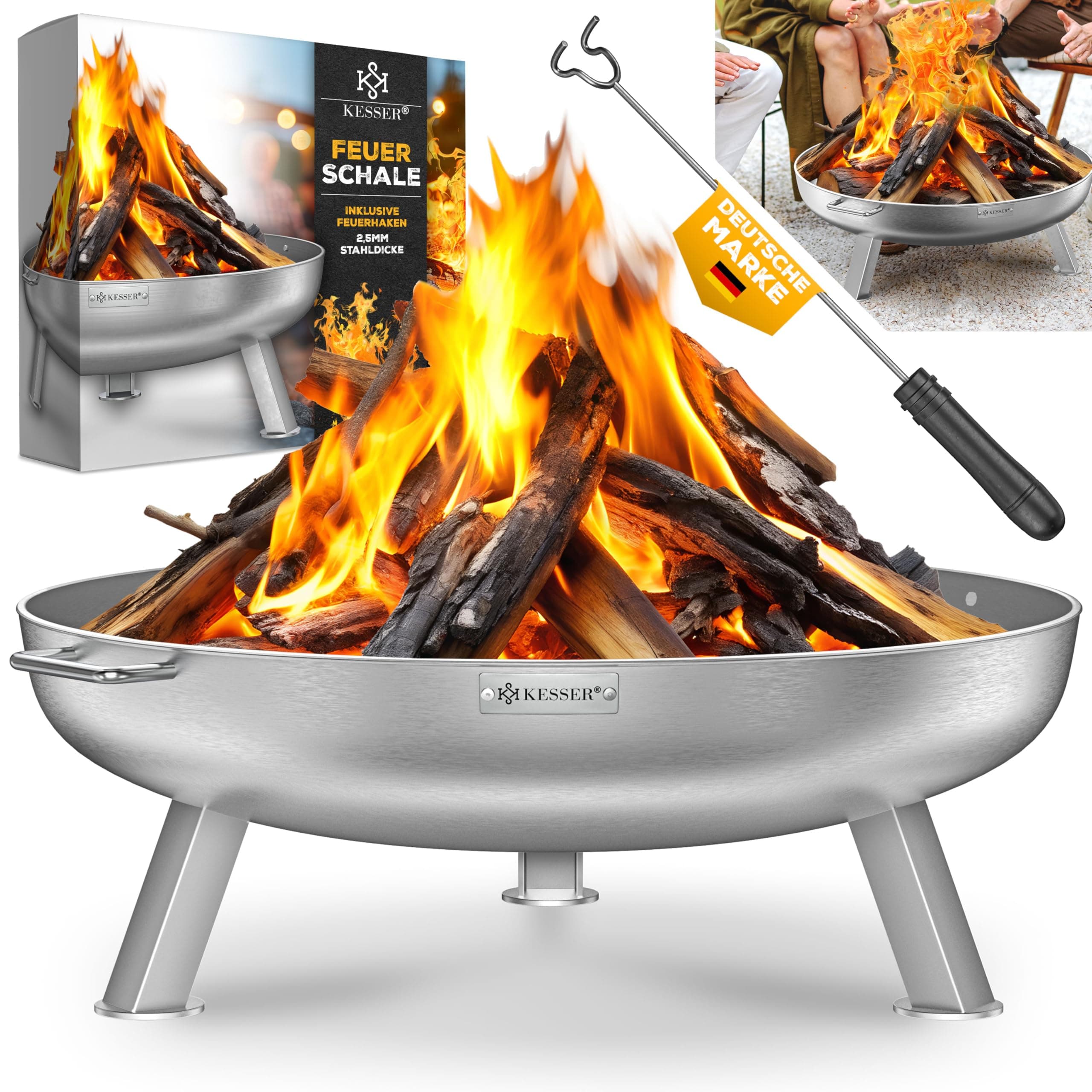 KESSER® Feuerschale 2,5mm Stahldicke | Feuerkorb Ø80cm legierter Stahl | Feuertonne +42cm Feuerhaken Gusseisen Wasserablauf & 2 stabile Griffe Holz & Kohle Feuerstelle für Lagerfeuer Garten & Terrasse Ø 80 cm Legierter Stahl Angebot bei HelloDeals