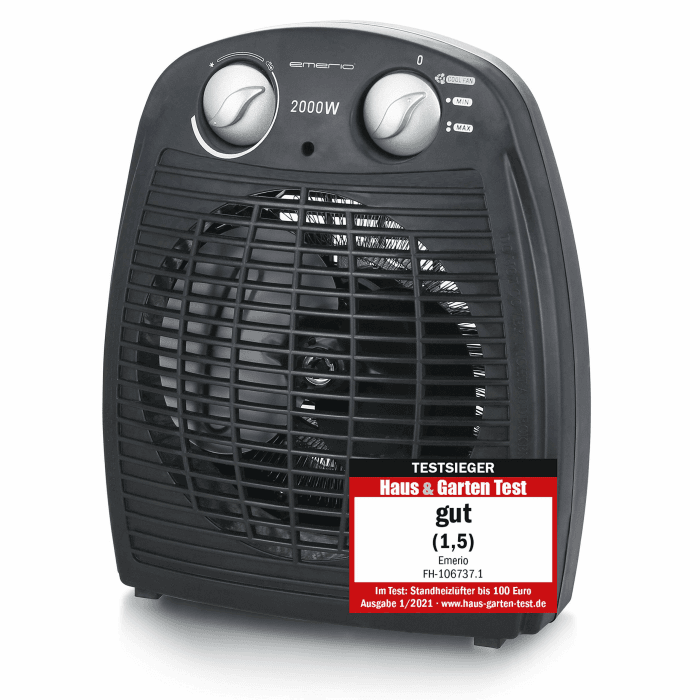 Emerio FH-106737.2, Note 1.5, kleiner kompakter portabler Heizlüfter für 25 m², 2 Heizleistungen + Ventilatorfunktion, verstellbarer Thermostat, Sicherheitsschalter, Handgriff, 2000 Watt, Anthrazit Angebot bei HelloDeals