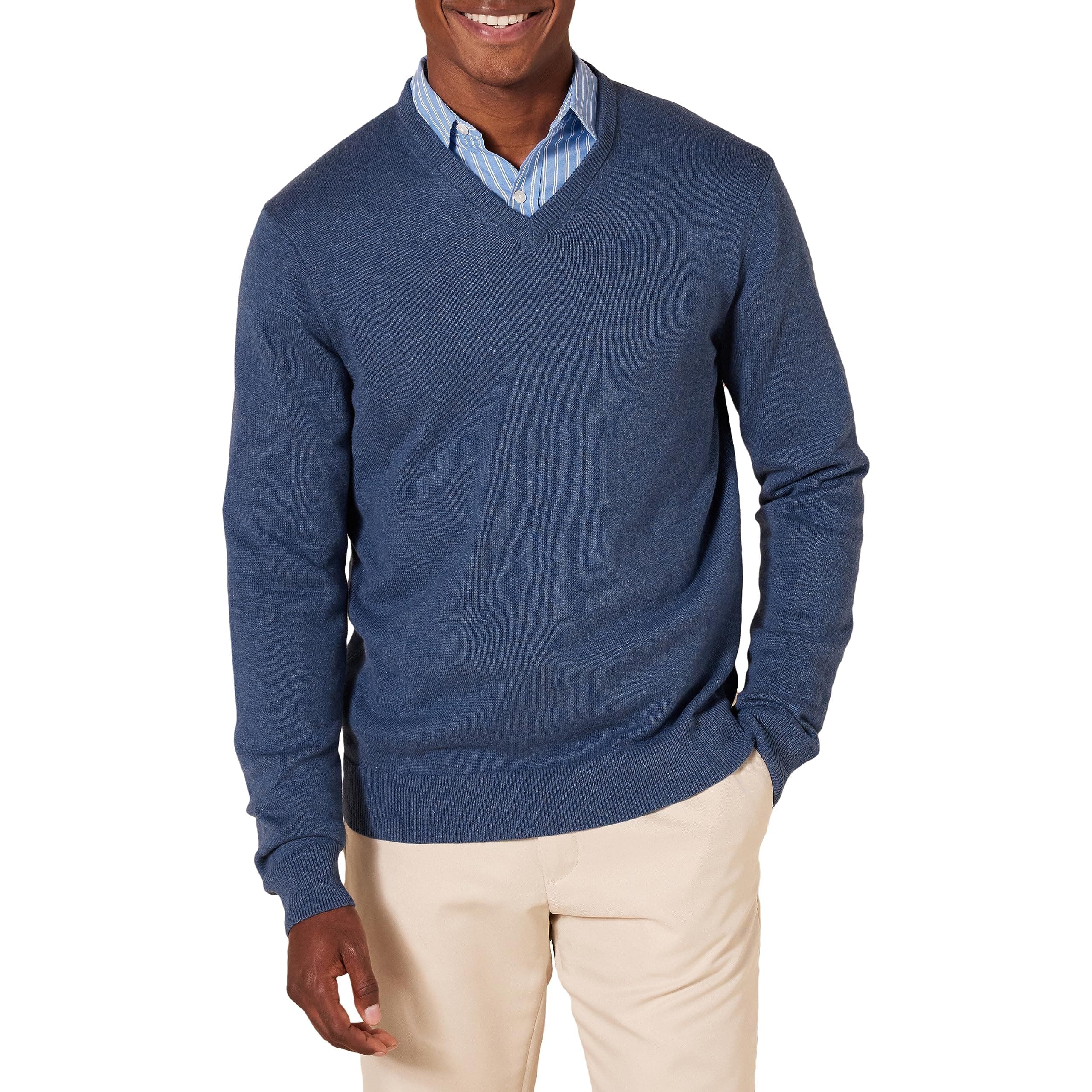 Amazon Essentials Herren V-Ausschnitt Pullover aus Baumwolle, Normale Passform XL Blue Heather Angebot bei HelloDeals