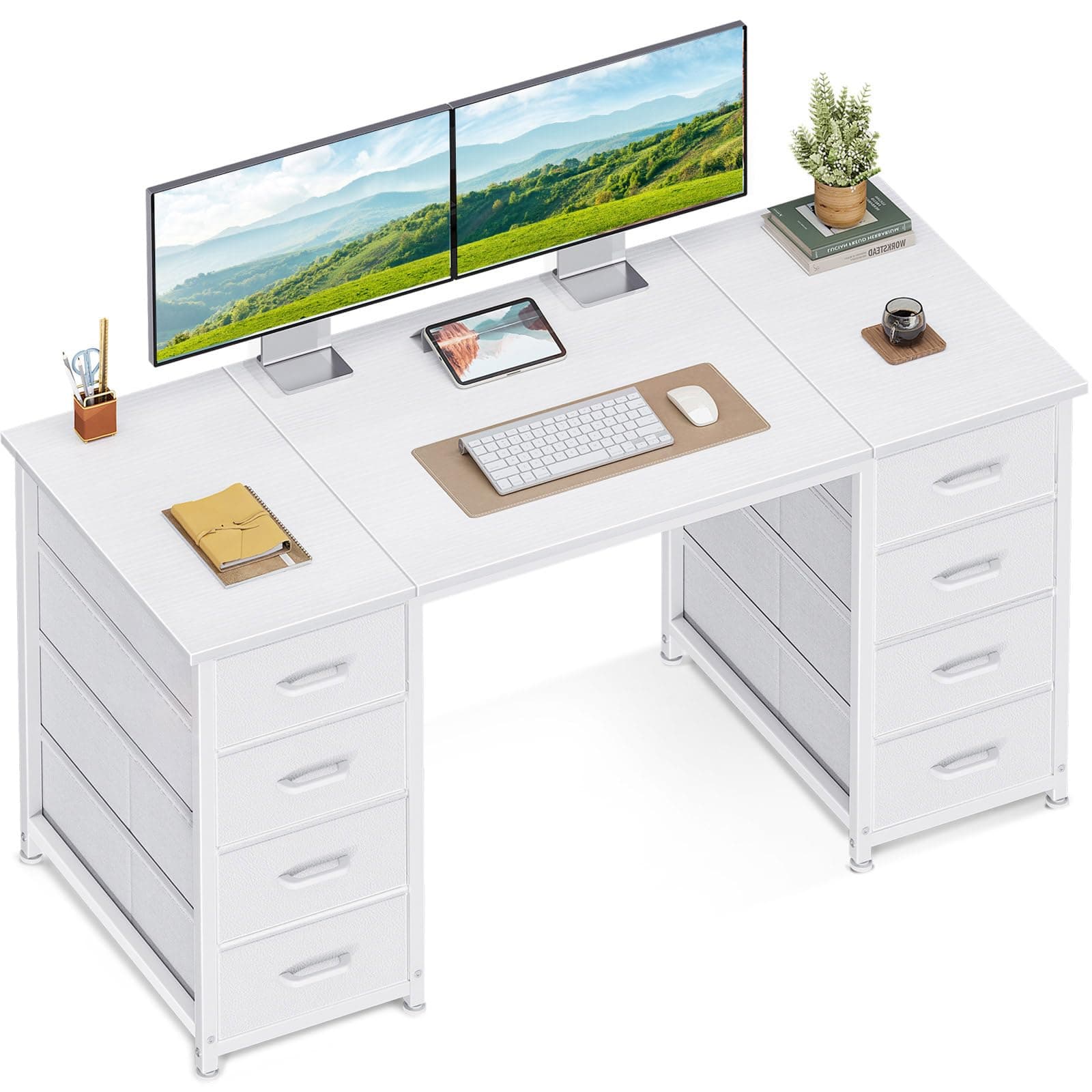 Coleshome Schreibtisch Mit 8 Stoff Schubladen, 120x48cm Schreibtisch Weiß Mit Stauraum Computertisch Vielseitg, Bürotisch PC Tisch Officetisch Für Büro, Wohnzimmer, Home Office 120x48cm Weiß Angebot bei HelloDeals