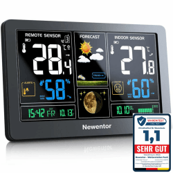 Newentor Wetterstation Funk mit Außensensor - Funkwetterstation mit Wettervorhersage, Temperaturwarnung, DCF Funkuhr - Batteriebetrieb und Netzbetrieb, Schwarz, 1 Außensensoren Schwarz 1*Station + 1*Außensensor Angebot bei HelloDeals