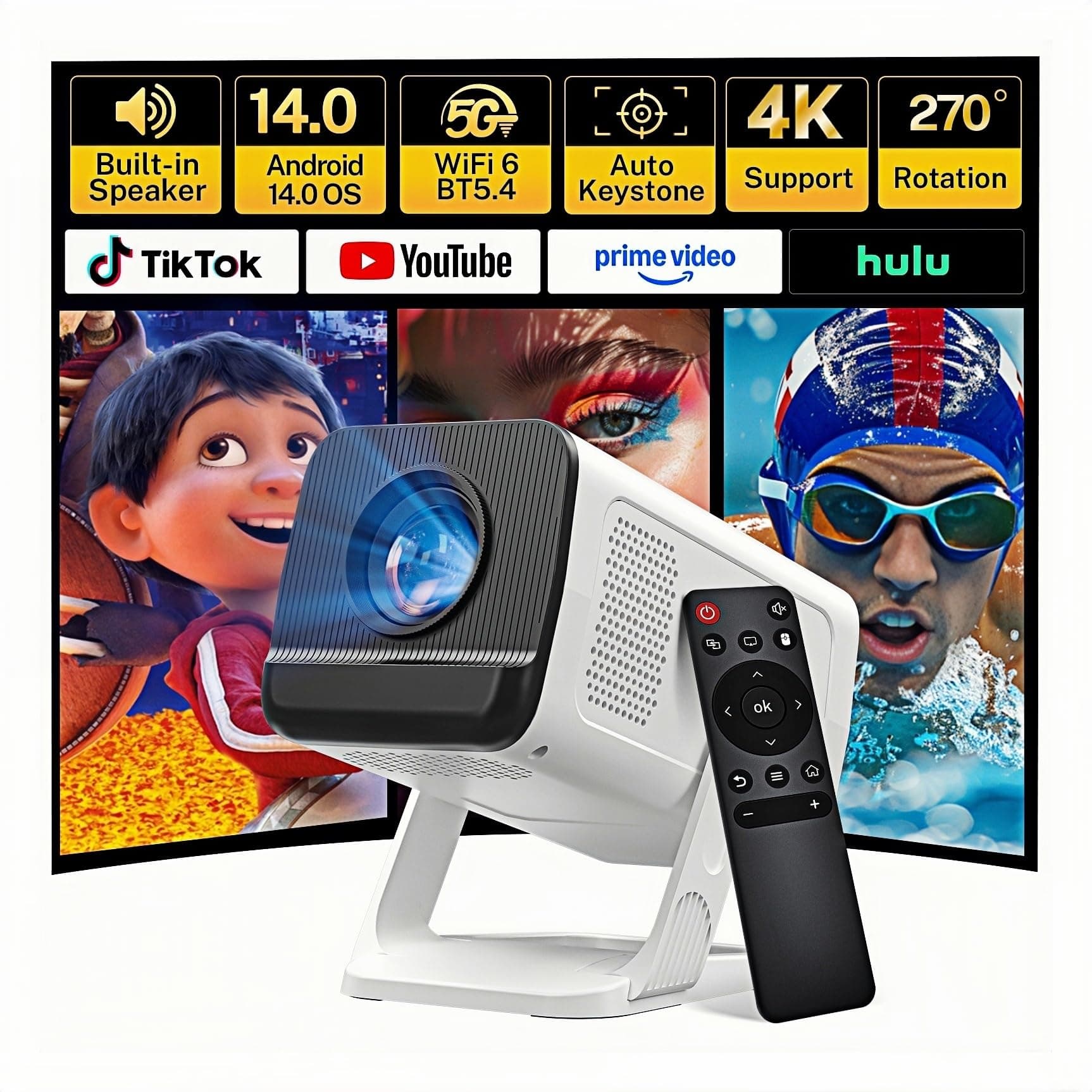 4K unterstützt Mini Beamer mit Android 14 OS Klein Projektor mit WiFi 6 Bluetooth 5.4, 270° Drehung Smart Portable Projector Kompatibel mit iOS/HDMI/USB/iPhone LYNCAST VisualCube 300 White Angebot bei HelloDeals