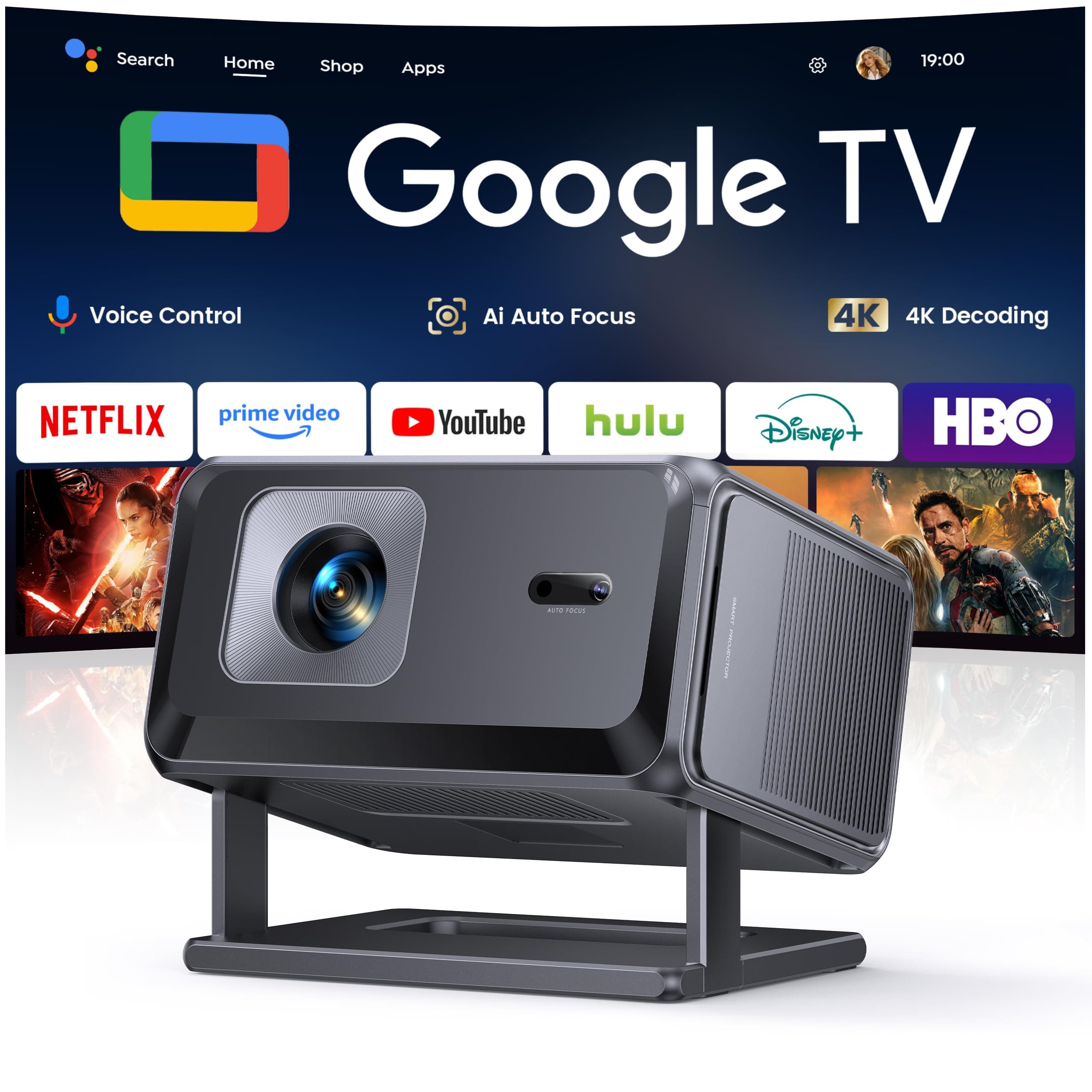 [Google TV & Offizielle Apps] Beamer 4K Unterstützt, Smart Beamer Heimkino 1080P FHD, Autofokus & Trapezkorrektur, WiFi Bluetooth Tragbarer Projektor mit Drehständer für Outdoor/Handy Schwarz Angebot bei HelloDeals
