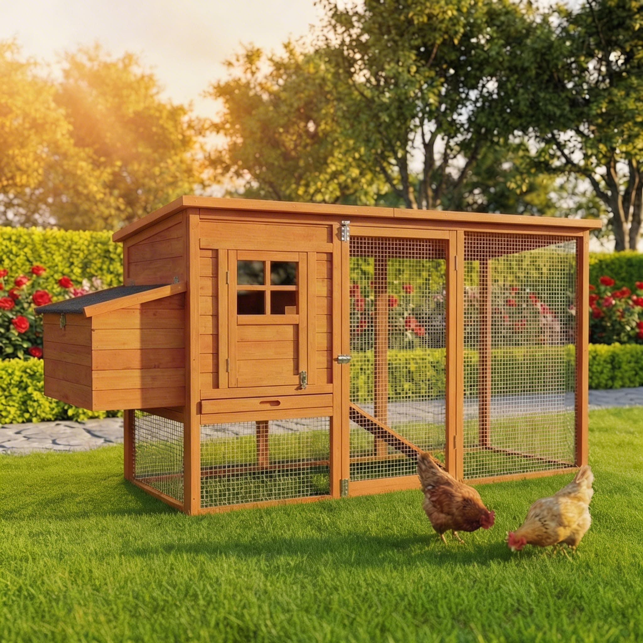 Miweba MyAnimal Hühnerstall für 4 Hühner | 174x76x103 cm Winterfest - Vogelhaus - Hühnergehege mit Nistkasten - Voliere - Hühnerhaus - Freilaufgehege Huhn - Legenest - Vogelvoliere (Braun) Angebot bei HelloDeals