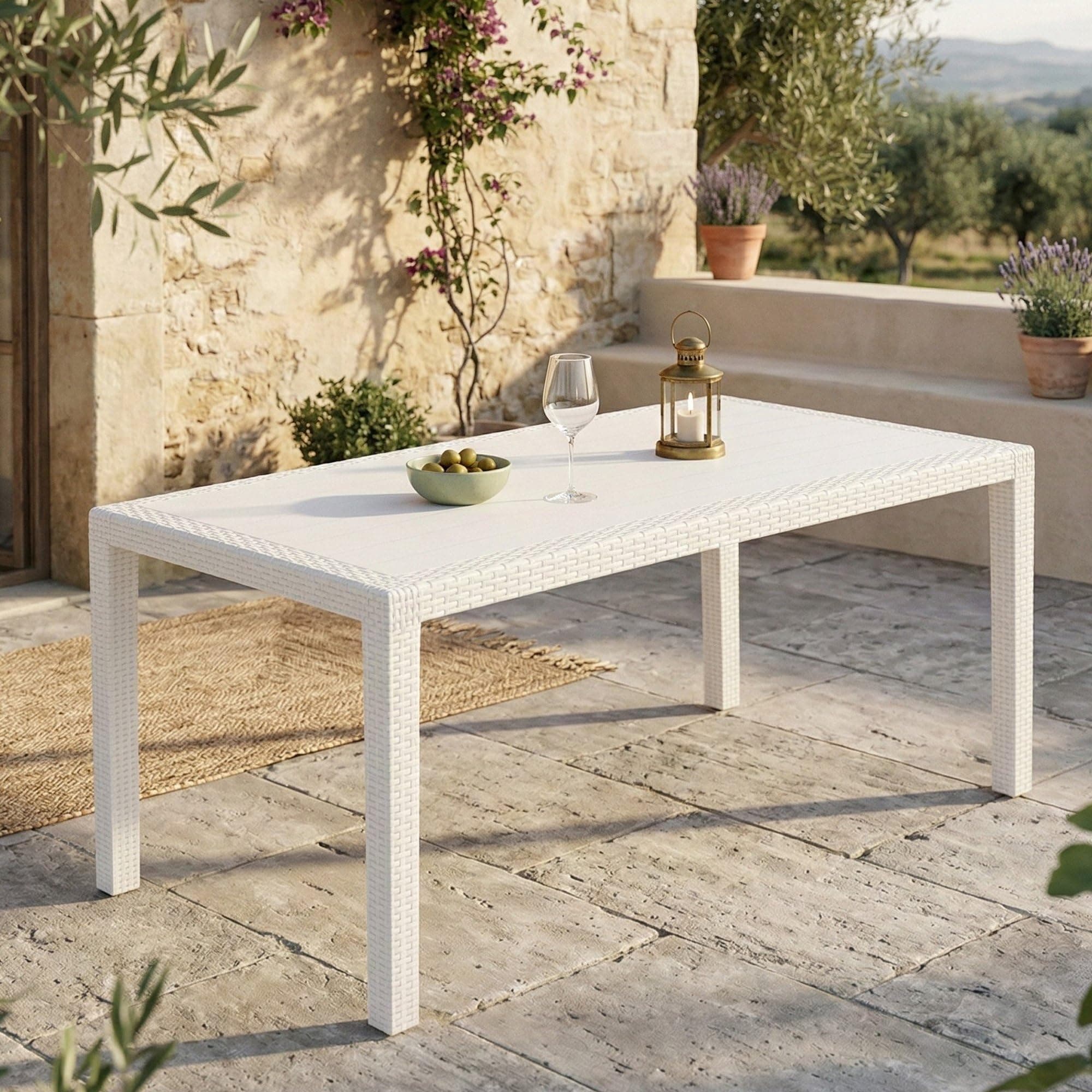 Dmora - Außentisch Imola, festes rechteckiges Regal, Mehrzweck-Gartentisch mit Rattan-Effekt, 100 % Made in Italy, 138 x 78 x 72 cm, Weiß Bianco 138x78x72 cm Angebot bei HelloDeals