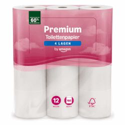 by Amazon Toilettenpapier, 4-lagig Gestepptes, Besonders Weich, 12 Rollen, 1-er Pack, 160 Blätter pro Rolle, FSC-Zertifiziert 12 stück (1er Pack) Angebot bei HelloDeals