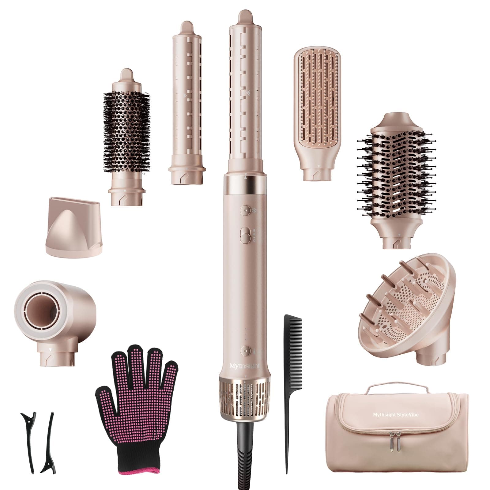 8-in-1 Airstyler – Haartrockner mit Dualspannung und Föhnbürste, inkl. Reisetasche. Automatischer Lockenaufsatz (L/R), schnelles Trocknen, frizzfreies Volumen & Styling ohne Hitzeschäden Champagner Gold Angebot bei HelloDeals