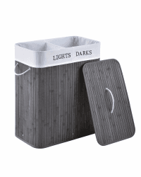 Juskys Bambus Wäschekorb Curly Grau 100L - Hygienischer Wäschekorb mit Deckel, Tragegriff & Wäschesack - 2 Fächer - Natürliche Bambus Optik Angebot bei HelloDeals