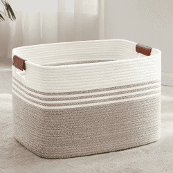 Wäschekorb Geflochten Groß aus Baumwollseil, 86L Aufbewahrungskorb mit Lederhenkeln, Korb für Decken, Kleidung, Spielzeug, Laundry Basket für Kinderzimmer Wohnzimmer, 60 x 40 x 36 cm, Weiß und Braun Braun 86L Angebot bei HelloDeals