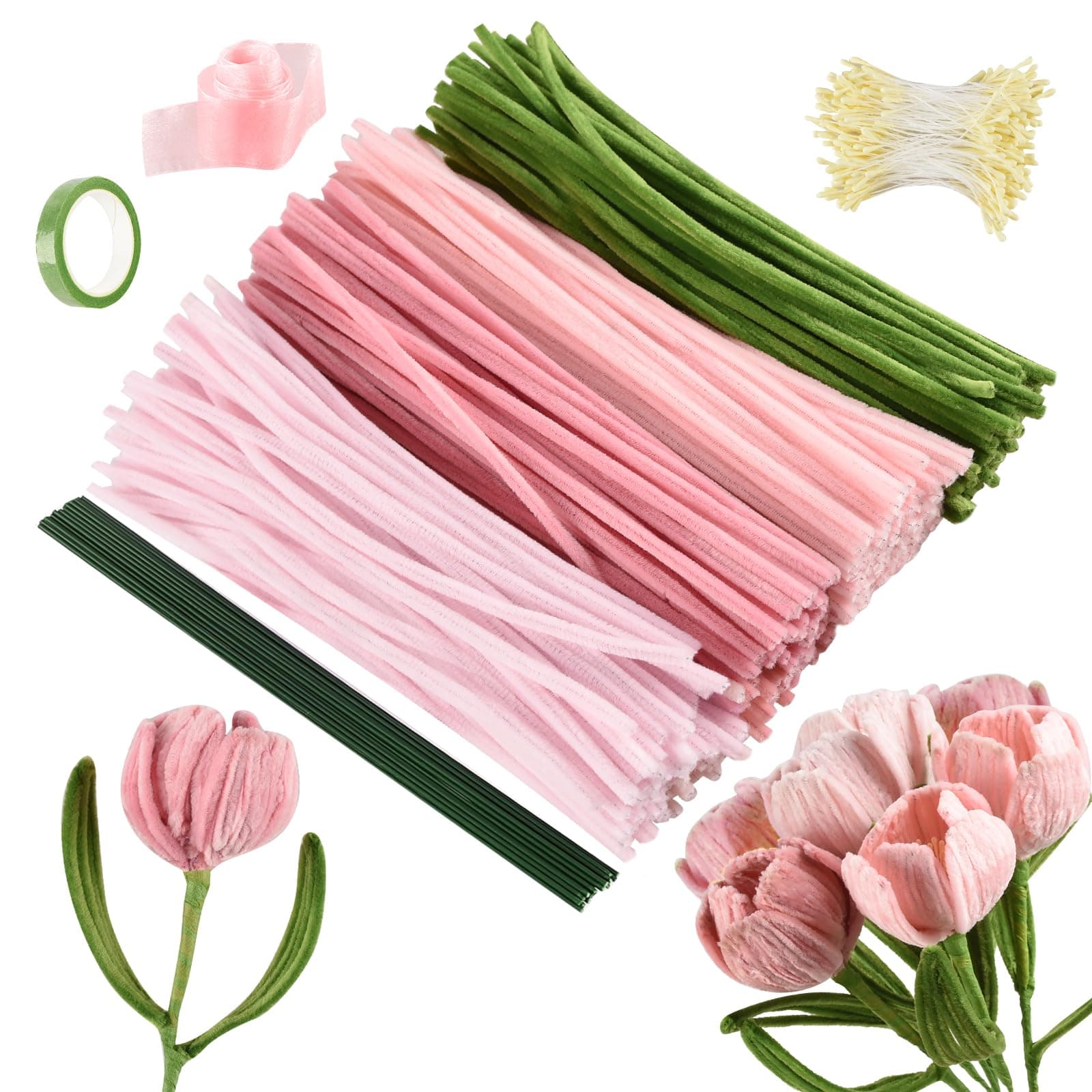 Joyblossom Pfeifenreiniger Blumen Set, 300 Stück Pfeifenputzer zum Basteln, Pfeifenreiniger zum Basteln, mit Blumendraht, Schleifenband, Blumen Staubblatt für Blumenstrauß DIY, Rosa Angebot bei HelloDeals