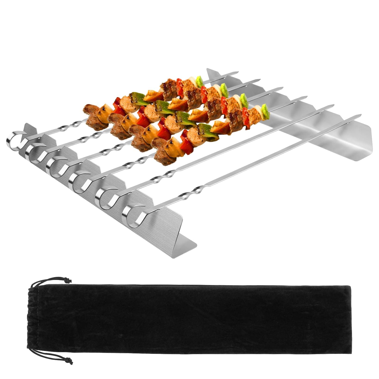 BBQ Grill- und Schaschlikspieße Edelstahl 8er Set – 6 Grillspieße 42cm lang & Gestell | Grillspieße für Schaschlikgrill | Schaschlik Fleischspieße 8 PACK Angebot bei HelloDeals