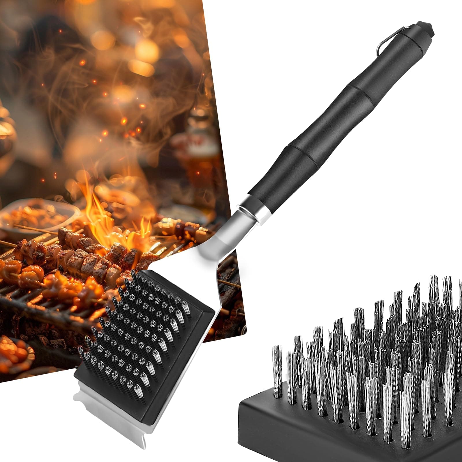 Grillbürste mit Edelstahl Schaber, Grill Reinigungsbürste mit 2 Ersatzbürstenköpfe, Edelstahl Borsten und Extra Langer Wärmedämmung Griff, für Gussrost, Holzkohlegrill, Gasgrill, Elektrogrill Angebot bei HelloDeals