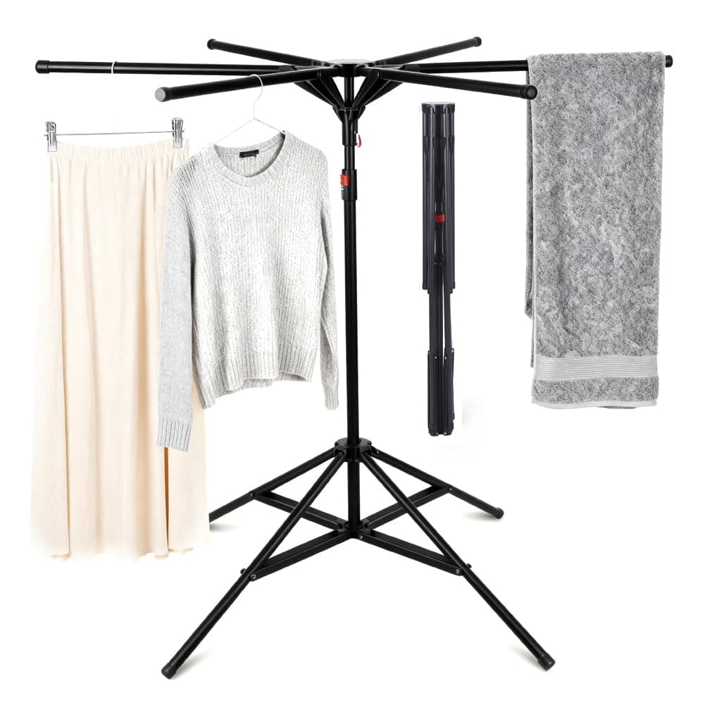 Standtrockner Wäscheständer mit 6 Flügeln, Tragbarer Wäscheständer Klappbar, Wäschespinne Wäschetrockner Ständer, Standtrockner für Balkon,Drinnen, Draußen (Schwarz) Angebot bei HelloDeals