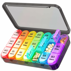 Daviky Tablettenbox 7 Tage 3 Fächer, Tablettenbox Morgens Mittags Abends, Medikamentenbox 7 Tage 3 Fächer mit Großen Separaten Fächern, Kleine Reise-Wöchentlicher Pillendose für Vitamine/Medikamente Regenbogenfarben Angebot bei HelloDeals