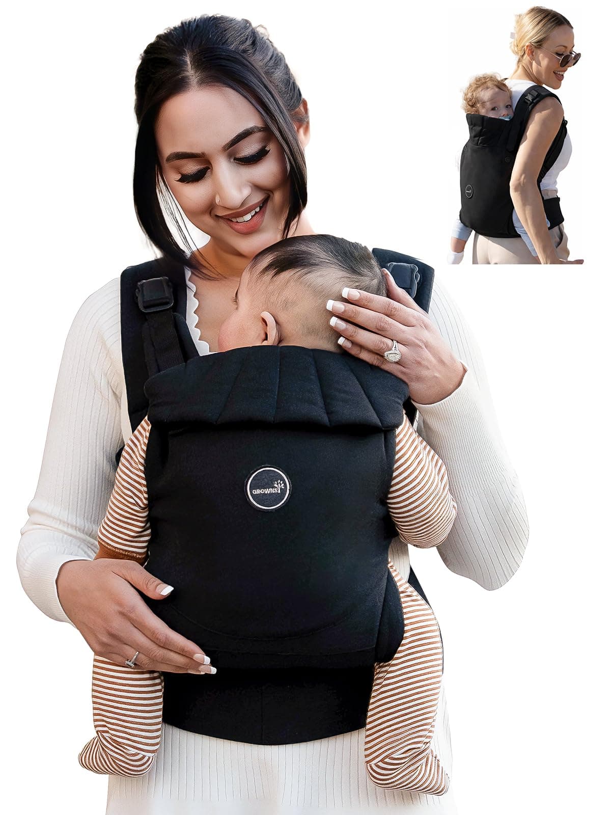 Grownsy Babytrage, Ein-Klick-Schnalle für Einfaches Anlegen, Bequemer Träger von Neugeborenem bis Kleinkind mit Kopfstütze (3-20kg), Ergonomisch & Leicht (Schwarz) Angebot bei HelloDeals