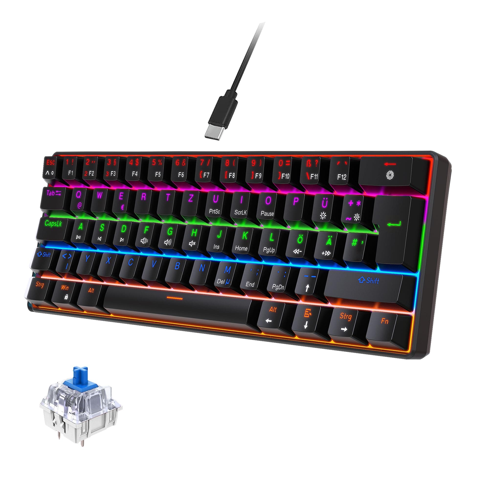 Mechanische Gaming-Tastatur 60%, QWERTZ (DE Layout), 62 Tasten, Blue Switches, RGB-Hintergrundbeleuchtung, Anti-Ghosting, Kabelgebunden, Ultrakompakt, Kompakt für Gaming – Schwarz Blauer Schalter/Schwarz Angebot bei HelloDeals