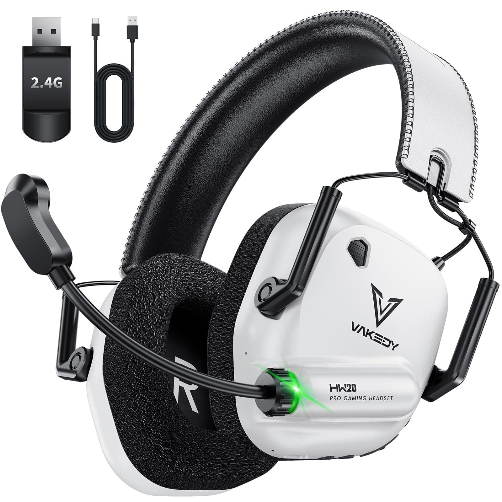 Vakedy Gaming Headset Wireless, 2,4 GHz USB & Bluetooth Gaming Kopfhörer mit Mikrofon, 50 mm Treiber, geringe Latenz, 50 Std Akku, Kopfhörer Kabellos für PS5, PS4, PC, Mac, Switch (Weiß/Schwarz) Angebot bei HelloDeals