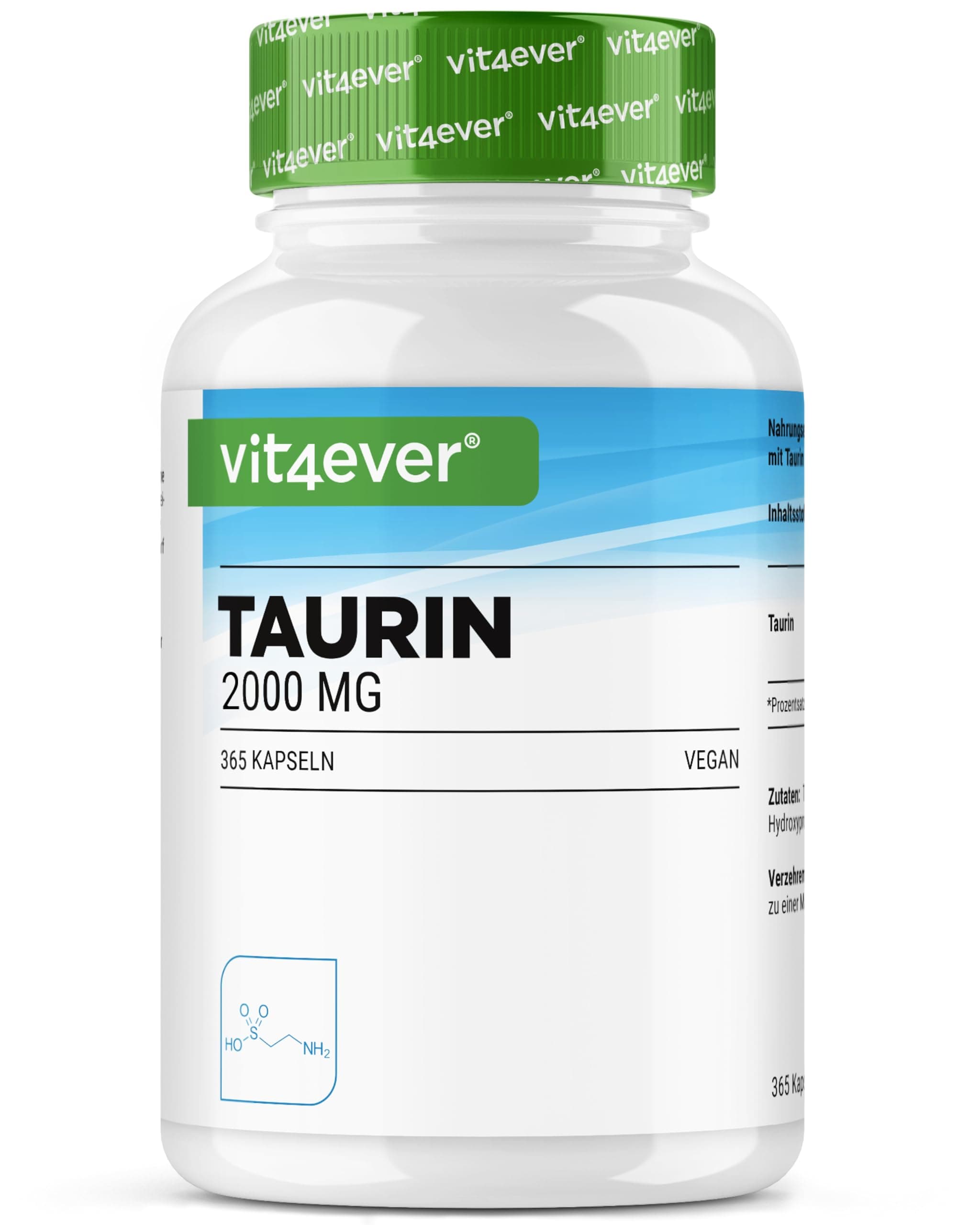 vit4ever Taurin - 365 Kapseln - Extra Hochdosiert mit 2000 mg pro Tagesdosis (2 Kapseln) - Über 99% Reinheit - ohne unnötige Zusätze, vegan Angebot bei HelloDeals