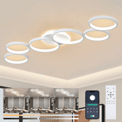 LED Deckenleuchte Dimmbar Wohnzimmer Deckenlampe Weiß Wohnzimmerlampe Schlafzimmerlampe Fernsteuerung und App Steuerung, Modern 6-Rund Ring Deckenbeleuchtung mit Memory Funktion, L113cm/69W Angebot bei HelloDeals