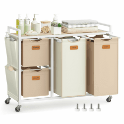 VASAGLE Wäschekorb, Wäschesammler, Wäschesortierer, Rollen, Wäschewagen mit Ablage, kleine seitliche Taschen, 6 Etiketten, 4 Fächer, 150 L, naturbeige-kamelbraun-cremeweiß BLH203N01 Naturbeige + Kamelbraun + Cremeweiß 150 L Angebot bei HelloDeals