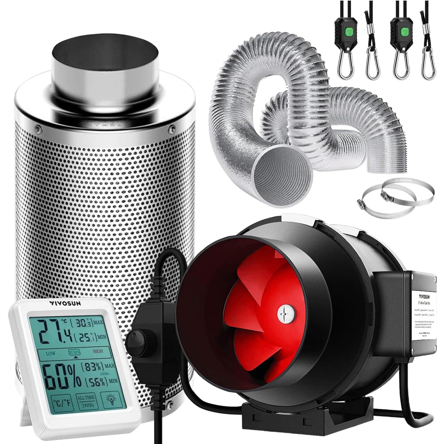 VIVOSUN Lüftungsset 150mm Rohrventilator 663m³/h Abluftventilator mit Drehzahlregler 150mm Aktivkohlefilter 240cm Luftkanal Temperatur-Luftfeuchtigkeitsmesser für Growzelte und Hydroponik 150mm Weiß Angebot bei HelloDeals