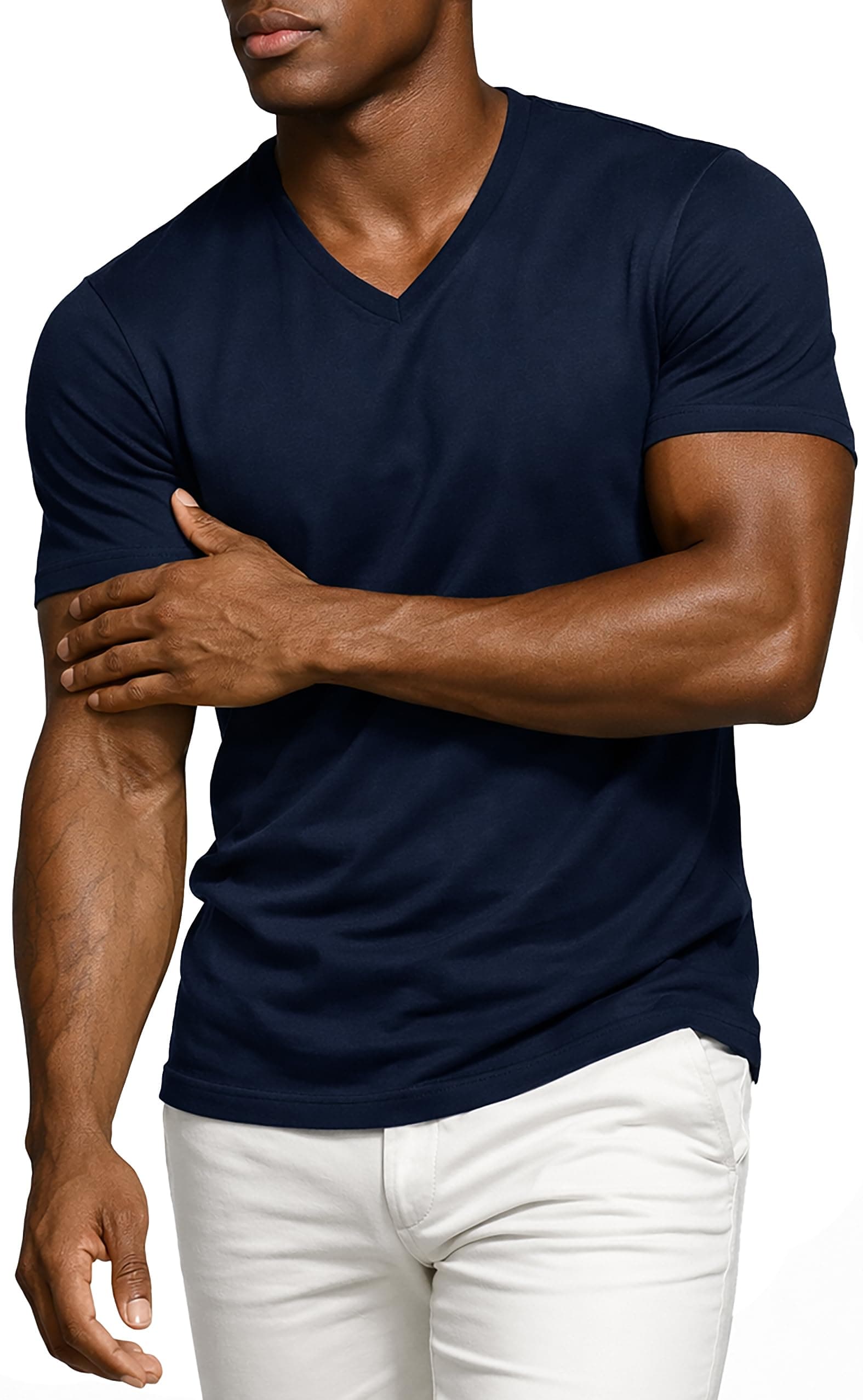 Leif Nelson Herren T-Shirt mit V-Ausschnitt, Slim Fit Basic Shirt aus Baumwolle, Kurzarm Männer Oberteil für Alltag & Freizeit M Dunkel Blau Angebot bei HelloDeals