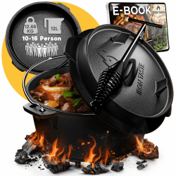 Dutch Oven Set 12L - Eingebrannter Dutch Oven 12 Liter - Feuertopf Gusseiserner Topf mit Füßen & mit praktischem Deckelheber [für 10-16 Personen] mit Füßen 12 Liter Angebot bei HelloDeals