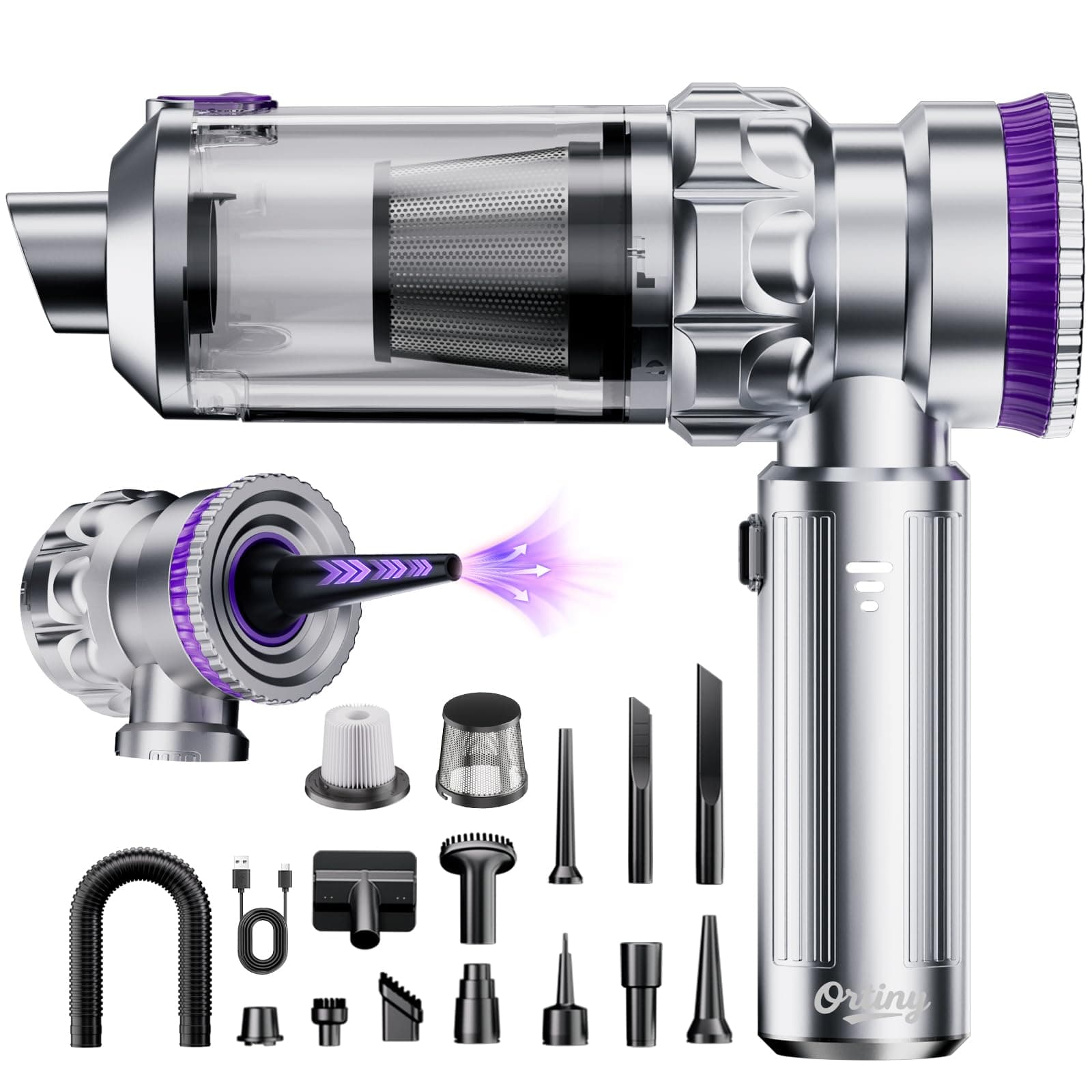 Handstaubsauger Akku, 28000PA Autostaubsauger Kabellos, Bürstenloser Motor, Großer Staubbehälter mit EIN-Knopf-Entleerung, 4 in 1 Mini Staubsauger mit Schlauch für Auto, Tierhaare, PC, Haus L Silberviolett Angebot bei HelloDeals