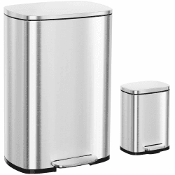 Clevich Mülleimer Set 50L + 5L, Treteimer für Küche und Bad, großer 50L Abfalleimer, kleiner 5L Kosmetikeimer, rechteckig, mit Pedal, Soft-Close Deckel, herausnehmbarer Inneneimer, Stahl - Silber Silber 50L+5L Angebot bei HelloDeals