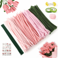 unbholkk Pfeifenreiniger Blumen Set, 300 Stück Pfeifenputzer zum Basteln, Pfeifenreiniger zum Basteln, mit Grüne Bastelfaden, Klebeband, Geschenkpapier für DIY-Kunsthandwerk (Rosa) Angebot bei HelloDeals