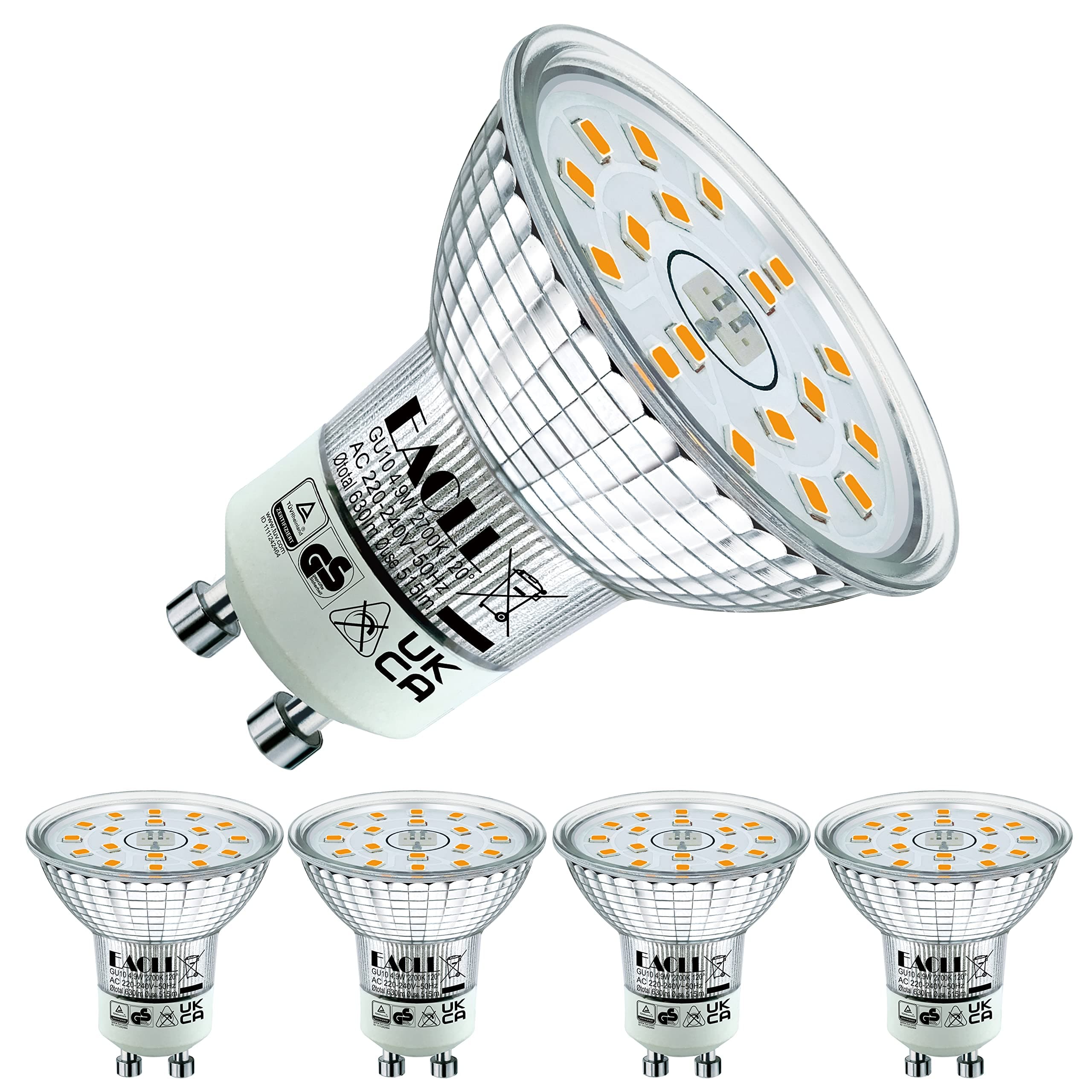 EACLL GU10 LED Warmweiss 4.9W Ersetzt 70W Halogen Leuchtmittel, 4er-Pack. 515 Lumen 2700K Birnen, AC 230V Flimmerfrei Strahler, Abstrahlwinkel 120° Spot, Nicht Dimmbar Ø50xH53mm Reflektorlampen 4 Stück (1er Pack) 4.9w 2700k Warmweiss Licht Angebot bei HelloDeals