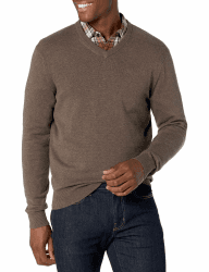 Amazon Essentials Herren V-Ausschnitt Pullover aus Baumwolle, Normale Passform L Brown Heather Angebot bei HelloDeals