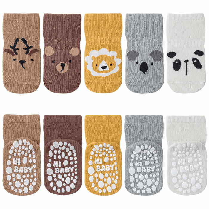 SockWaddles Stoppersocken Kinder Baby, 5 Paar ABS Atmungsaktiv Antirutschsocken Kinder, Krabbelsocken Baby Baumwolle, Jungen und Mädchen Crew Socken mit Tiere 1-3 Jahre Tiere Angebot bei HelloDeals