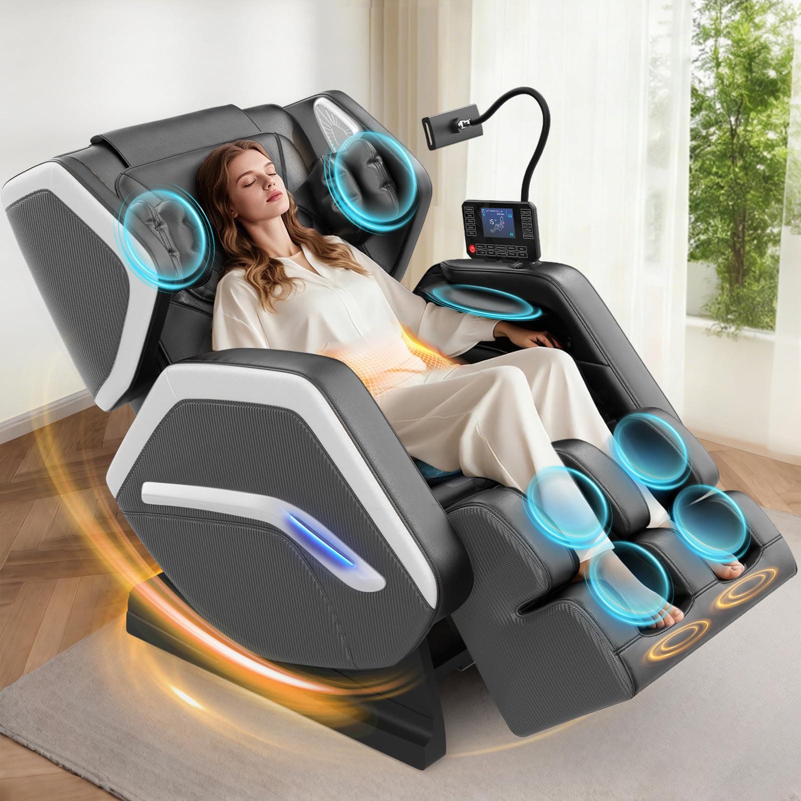 Massagesessel,Ganzkörper-Massagestuhl, 14 Massagerollen, Rücken- und Beinheizung, Fußmassage, 8 Airbags, Bluetooth-Lautsprecher, Touch-Fernbedienung für Familie und Freunde Dunkelgrau Angebot bei HelloDeals