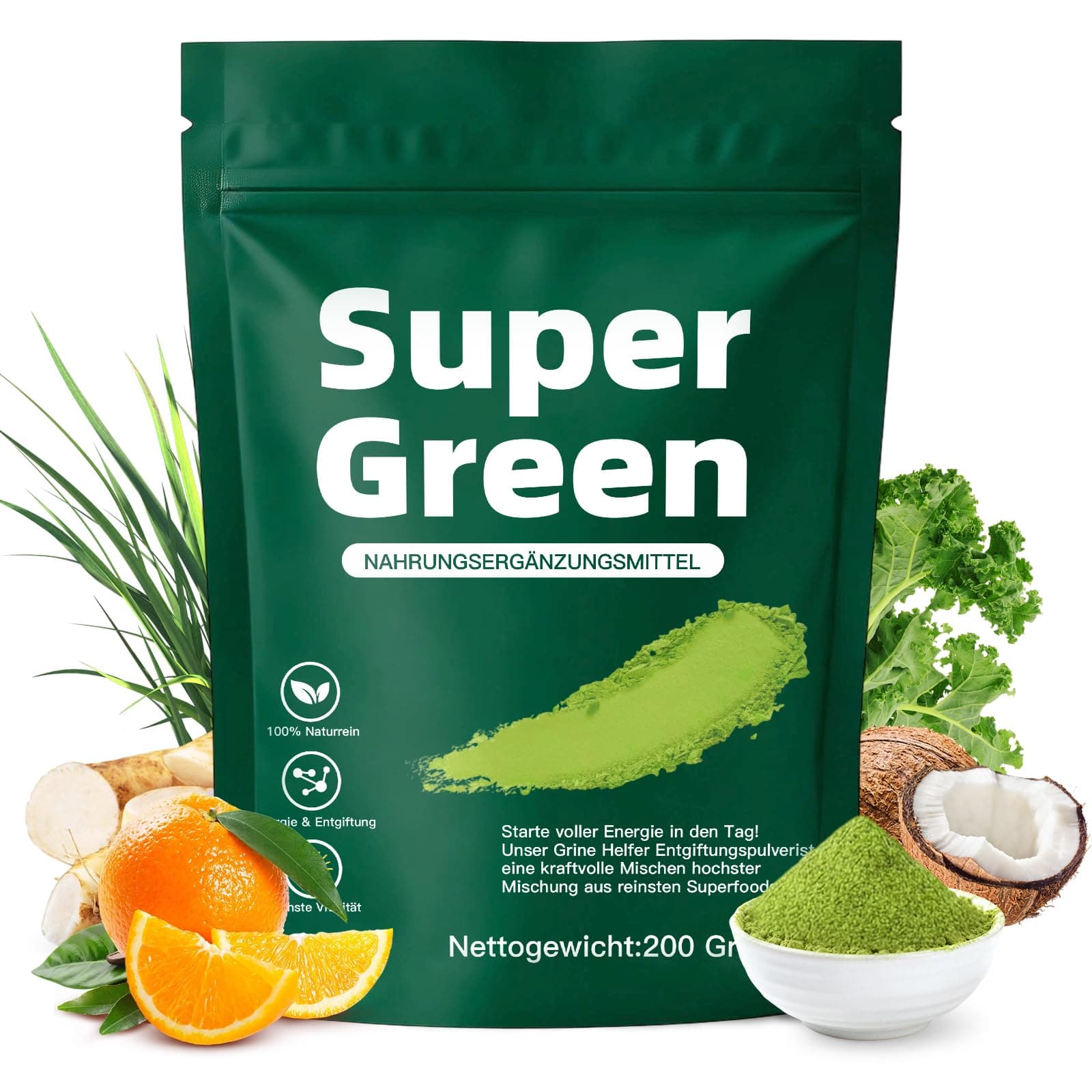 Grüne Entgiftungspulver, 200g Superfood Entgiftungspulver Helfer, Greens Pulver Mit Spirulina, Gerstengras, Inulin, Kurkuma, Vitamin D3 | Reich an Vitaminen, Mineralien & Ballaststoffen für Energie Weißgrün Angebot bei HelloDeals