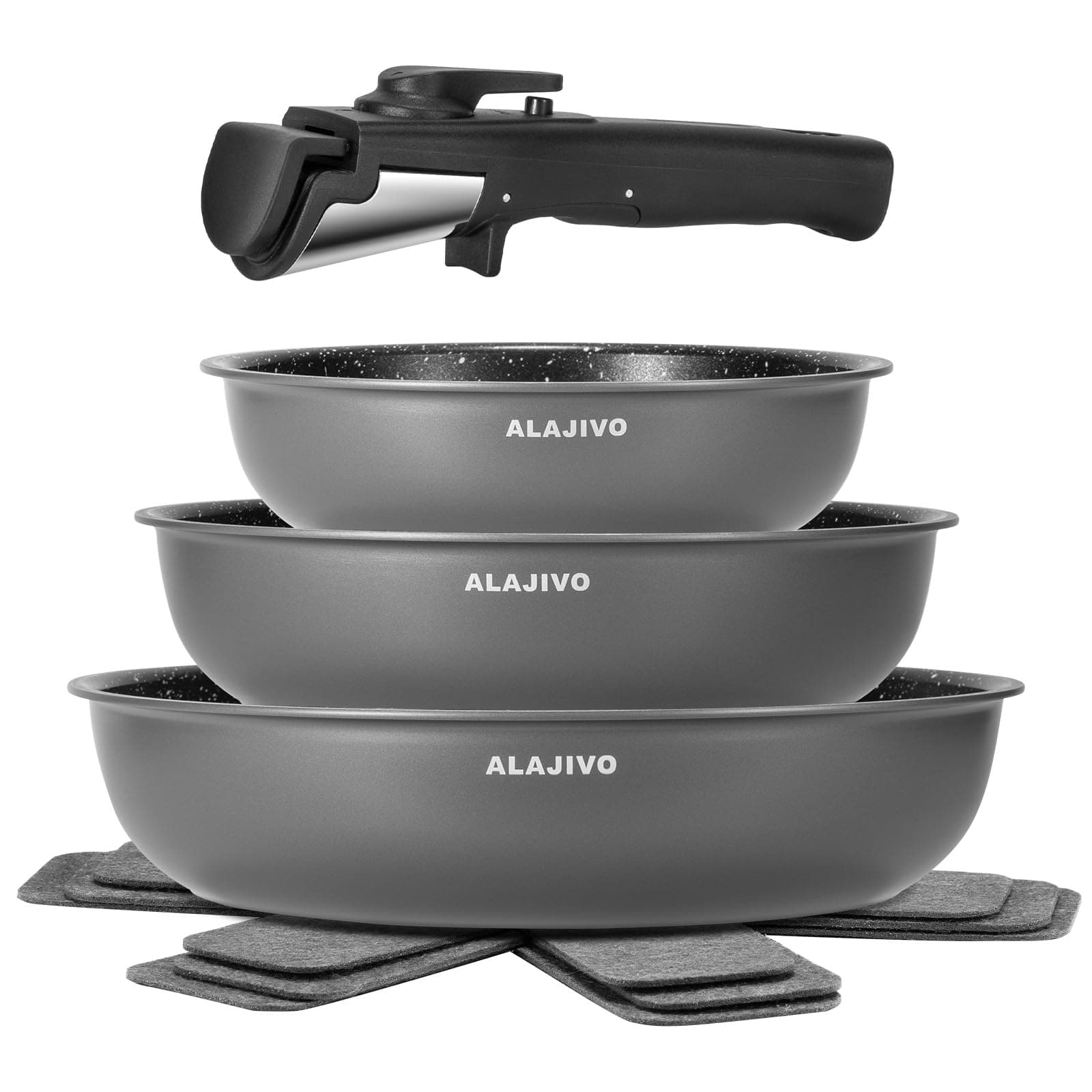 Pfannenset mit Abnehmbarer Griff, Pfanne Induktion, Bratpfanne mit Antihaft beschichtung, 7-Teiliges, 20+24+28 cm Platzsparend Pfannen, Pfannen Set für alle Herdarten, Spülmaschinen, Ofenfest (grau) Grau 7-Piece Angebot bei HelloDeals