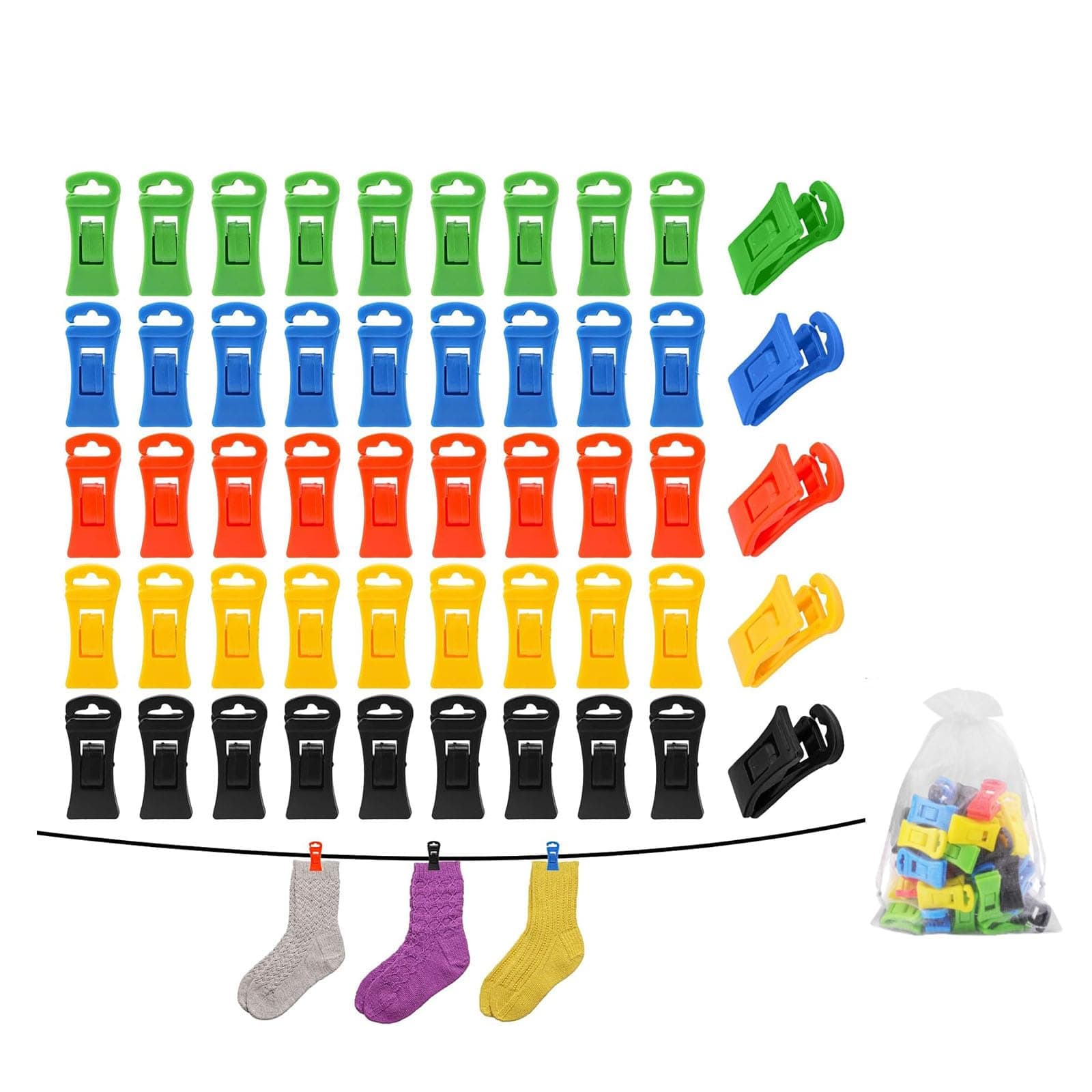 50 Stück Bunt Sockenklammern mit 1 Aufbewahrungstasche,Sockenklammern für Waschmaschine und Trockner Set, Rutschfester Sockenclip mit Haken, Socken waschen Organizer. Angebot bei HelloDeals