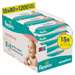 Pampers Sensitive Baby-Feuchttücher, 15 Packungen mit 80 Feuchttüchern,1200 Baby-Feuchttücher, 2-in-1 sanfte Reinigung & Hautschutz 1 stück (1200er Pack) Angebot bei HelloDeals
