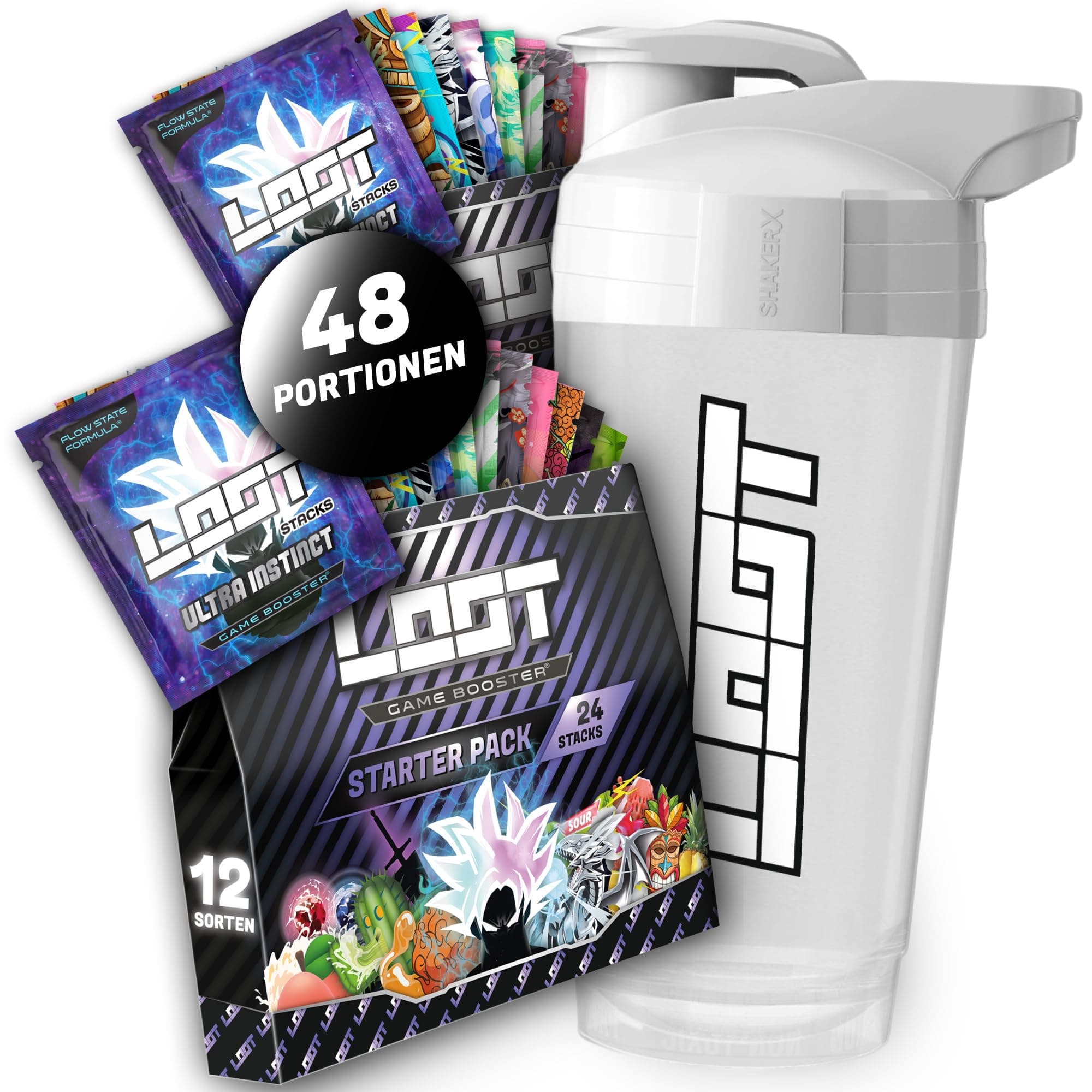 LOOT Starter Set Deluxe Bundle | 48 Portionen in 12 verschiedenen Geschmacksrichtungen mit der Flow-State Formel | 20 hochdosierte Inhaltsstoffe für mehr Konzentration, Ausdauer & Reaktionsfähigkeit 48 Stacks + Shaker Angebot bei HelloDeals