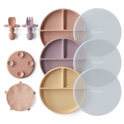 Moonkie 3pc Silikon Kinderteller mit Deckel, Baby teller mit Saugnapf, BPA-freie Rutschfest Geteilte Geschirr Set mit Gabeln und Löffel, Mikrowellen und Spülmaschinenfest(Hellrosa/Pale Mauve/Honey) Angebot bei HelloDeals