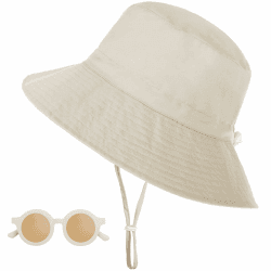 Shedoo Sonnenhut Kinder UV-Schutz UPF 50+, Breiter Krempe Nackenschutz Fischerhut Baby mit Sonnenbrille, Atmungsaktiv Bucket Hat mit Verstellbarem Kinnriemen, Strandhut für Junge, Mädchen Beige M Angebot bei HelloDeals
