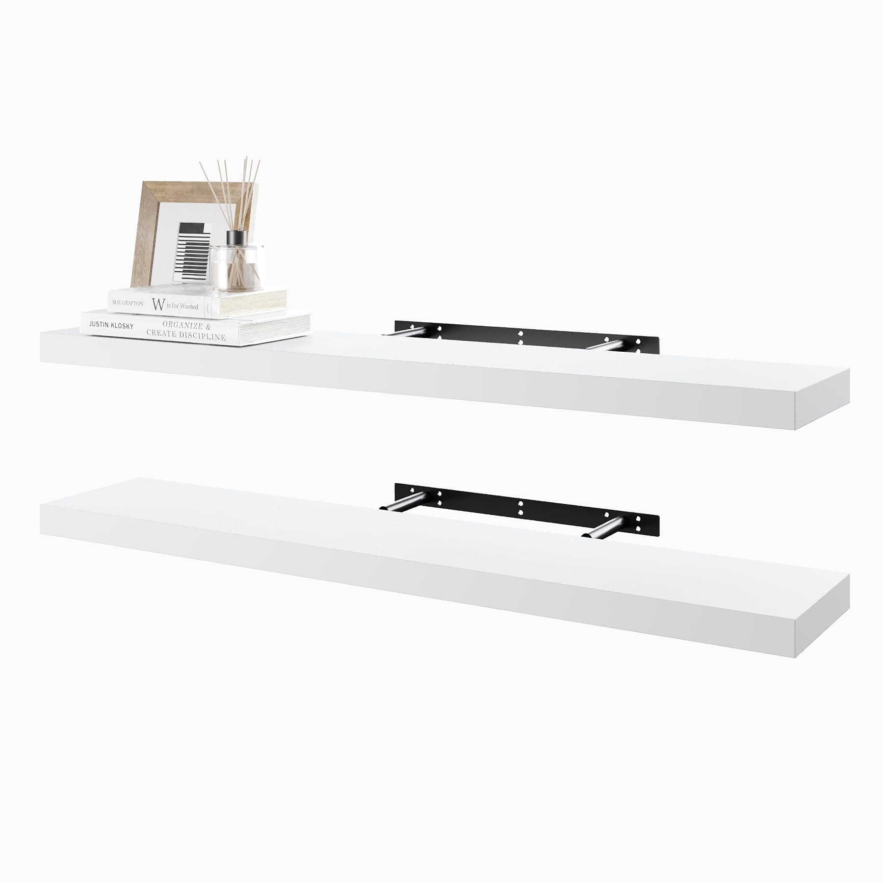 BAMEOS Schwebregale, 80cm Breite Weiße Wandmontierte Holzregale mit unsichtbaren Klammern - Set von 2, Wanddeko-Deko für Schlafzimmer, Bad, Wohnzimmer und Küche 80 x 19.5 cm Weiß Angebot bei HelloDeals