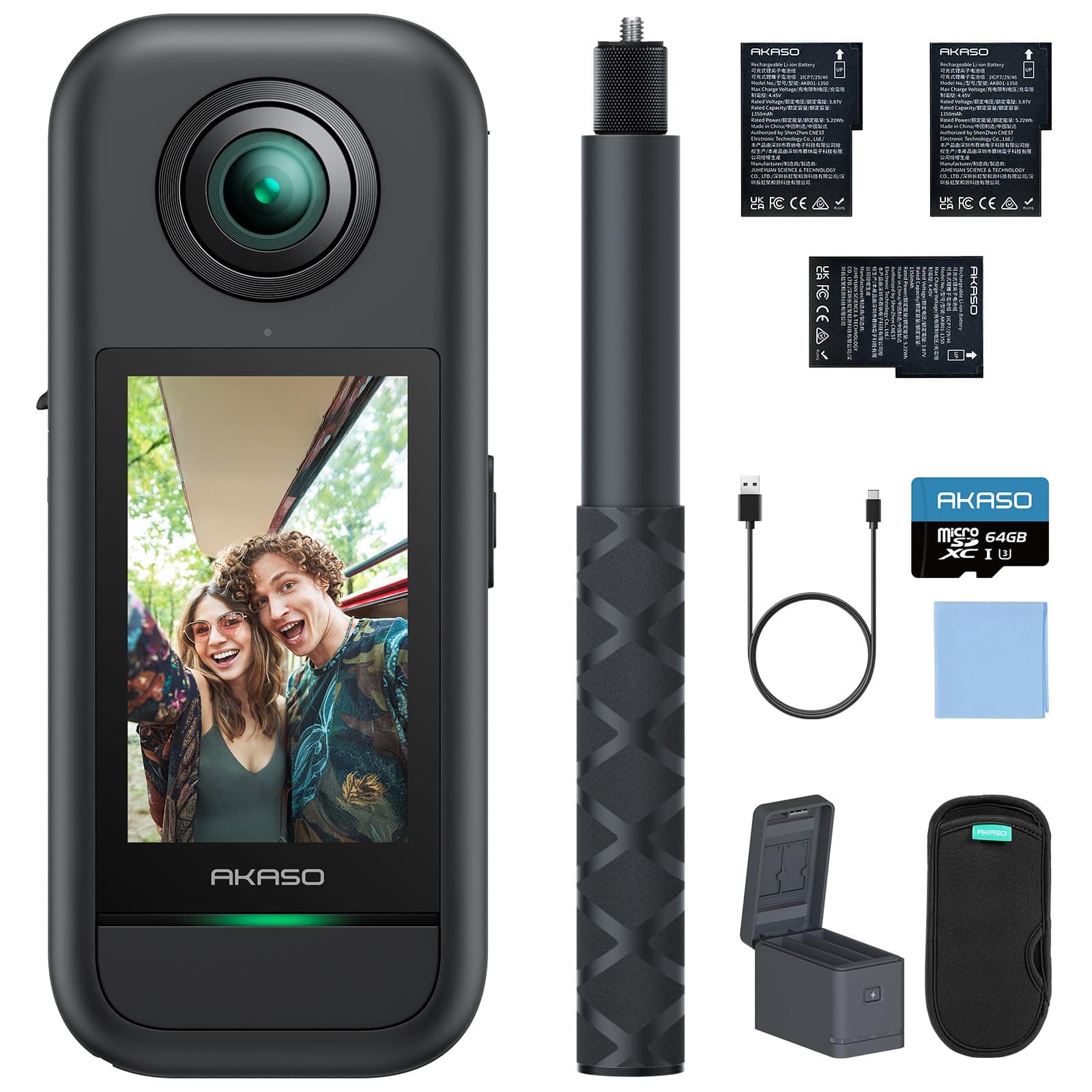 AKASO 360° Action Cam Creator-Set - 5.7K 72MP 360 Grad Actionkamera mit 64GB Speicherkarte Duale 1/2" 48MP Sensoren, 2.29'' Touchscreen, Unsichtbarer Selfie Stick, 360° Horizon Lock und AI-Verfolgung Creator-Set mit 64GB karte Angebot bei HelloDeals