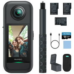 AKASO 360° Action Cam Creator-Set - 5.7K 72MP 360 Grad Actionkamera mit 64GB Speicherkarte Duale 1/2" 48MP Sensoren, 2.29'' Touchscreen, Unsichtbarer Selfie Stick, 360° Horizon Lock und AI-Verfolgung Creator-Set mit 64GB karte Angebot bei HelloDeals