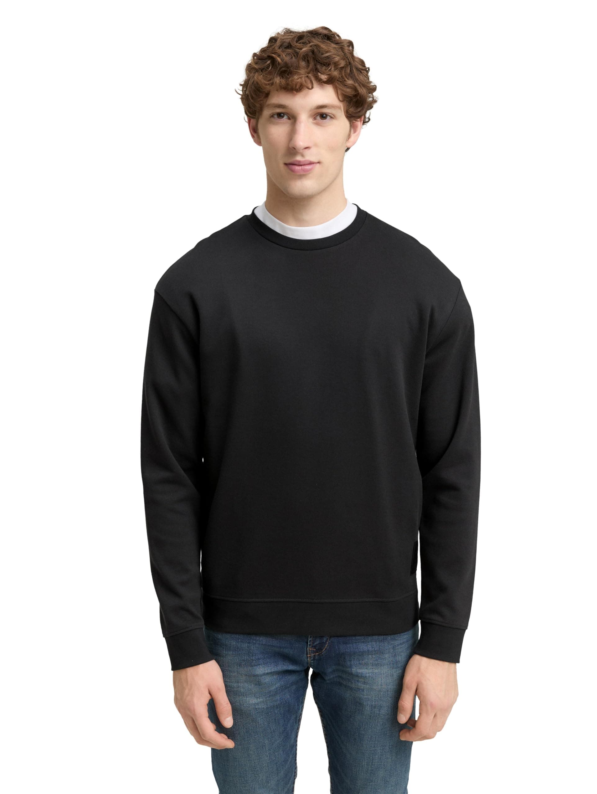 TOM TAILOR Denim Herren Basic Piqué Sweatshirt mit Rundhalsausschnitt S 10429 - Night Watch Black Angebot bei HelloDeals