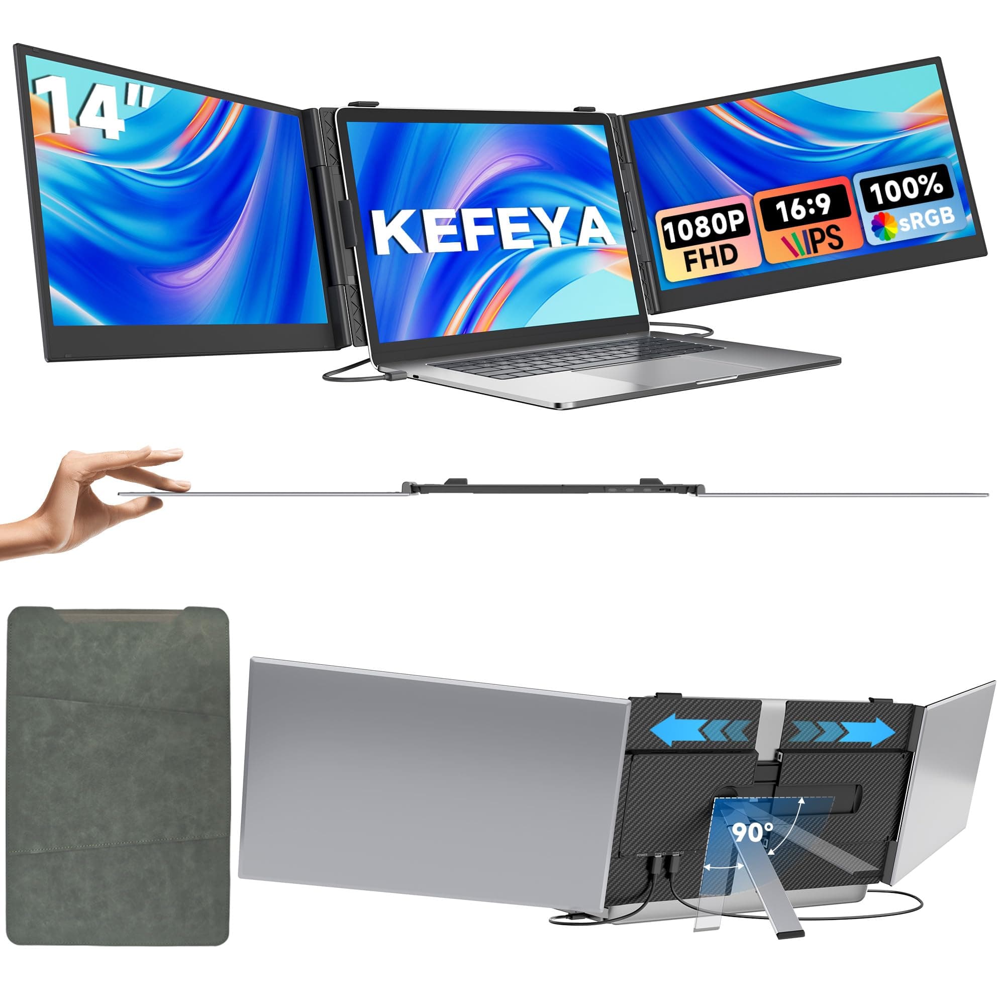 KEFEYA 14” Laptop Bildschirm Erweiterung, 100% sRGB FHD 1080P Laptop Screen Extender, Laptop Monitor Erweiterung für Laptop 13-17,3" mit USB-C/HDMI, Plug & Play für Windows/Mac/Android/Switch/PS5 Angebot bei HelloDeals