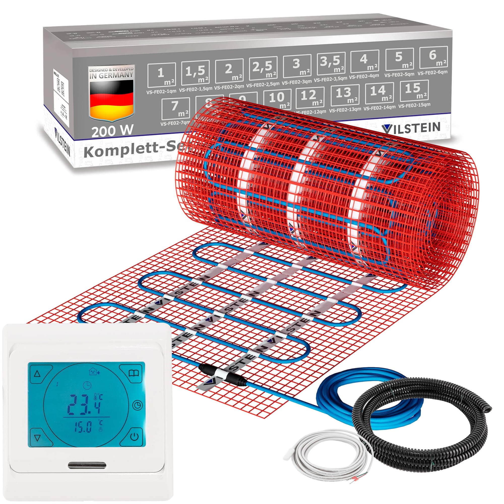 VILSTEIN Elektrische Fußbodenheizung 200W/m², für Fliesen Laminat und mehr, Komplett-Set, Twin Technologie Heizsystem, Fußboden Heizmatte 9qm - 18m Angebot bei HelloDeals