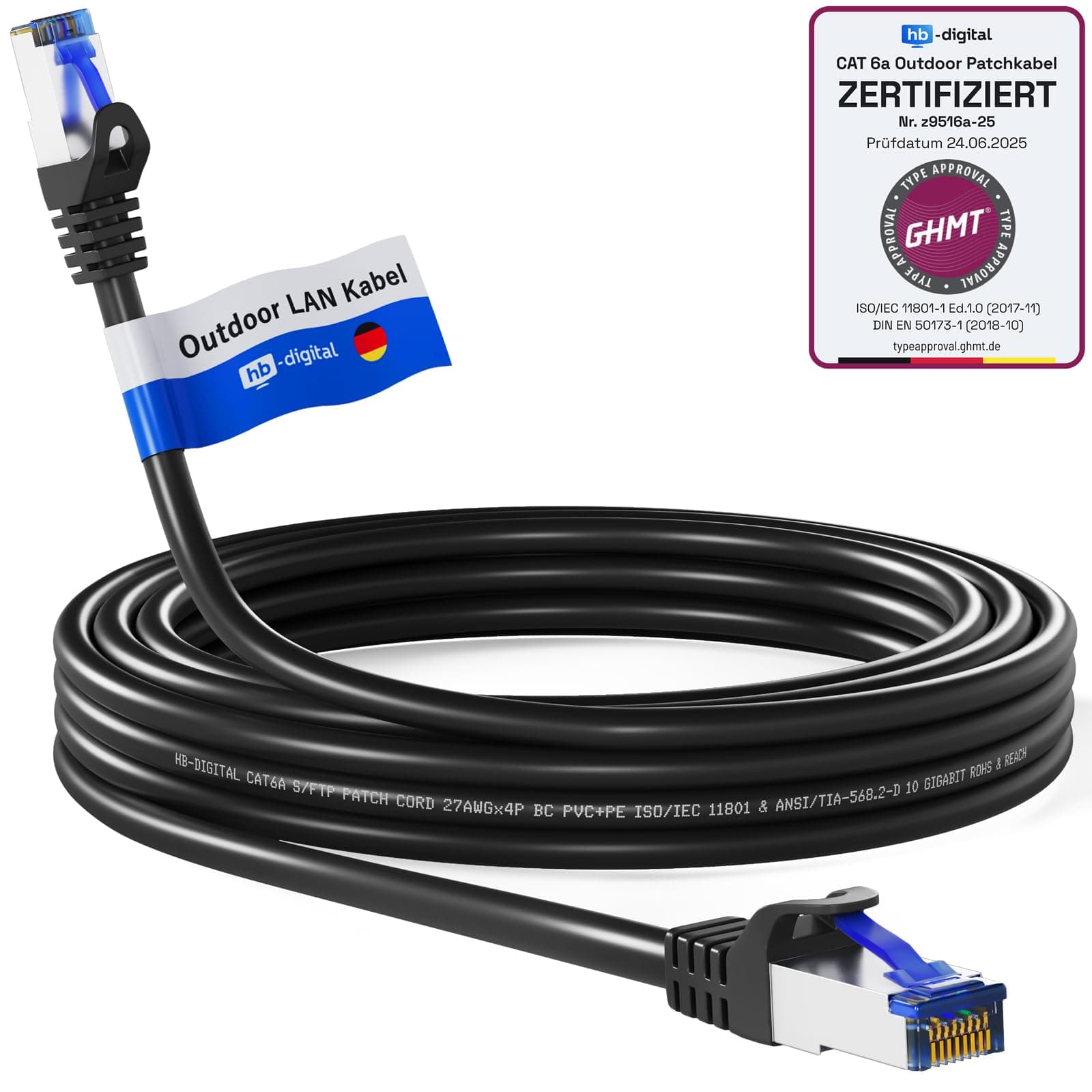 HB-DIGITAL 5m CAT 6a Outdoor LAN Kabel Netzwerkkabel Patchkabel IP66 - GHMT Zertifiziert - RJ45 Ethernet S/FTP PiMF 10 Gbit/s AWG 27/7 für Außen- & Innenbereich wasserdicht - Schwarz Angebot bei HelloDeals